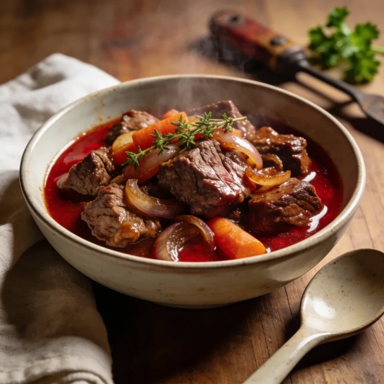 Guiso de carne con patatas casero servido en un plato hondo con carne tierna y salsa tradicional