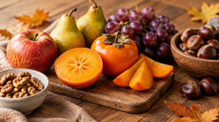 Frutas de otoño con potasio como plátano, kiwi, granada y caqui