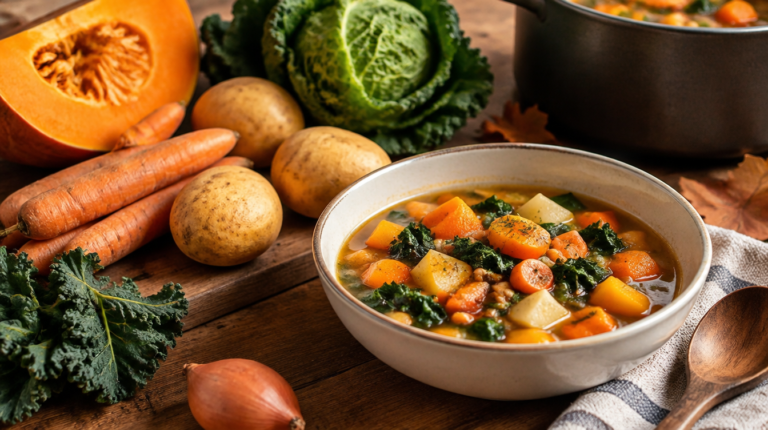 Verduras de otoño como calabaza, puerro, zanahoria y acelga para guisos, sopas y cremas